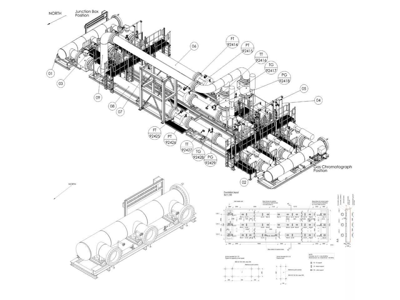 Isometric drawing of a metering skid, with numbered equipment, instrument tags and the positions of the junction box and the gas chromatograph