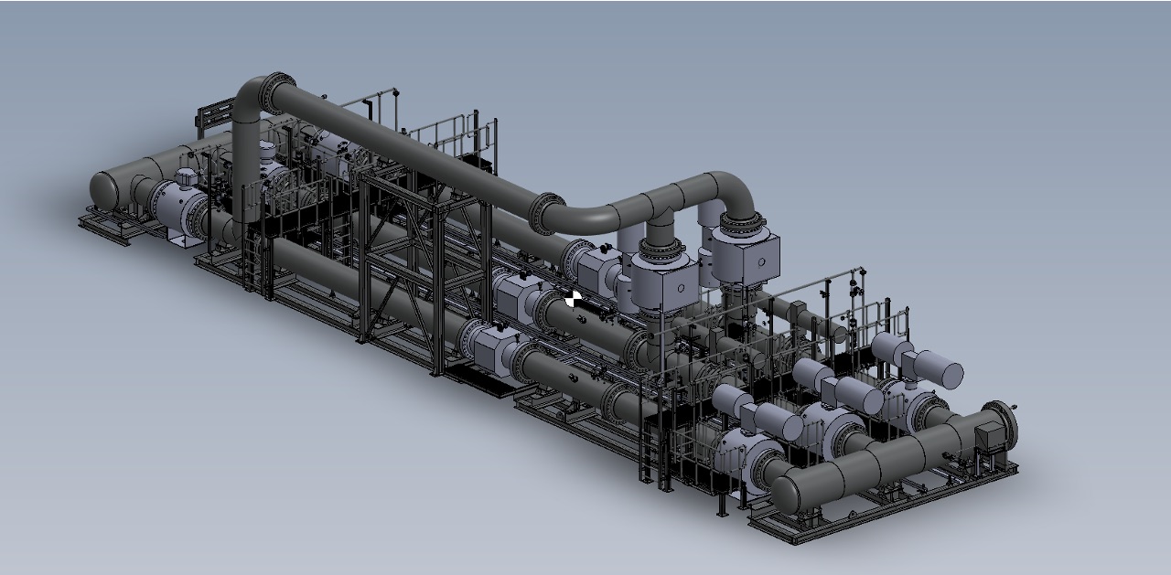 3D model of a metering skid: piping, meter runs and platforms on a steel base frame